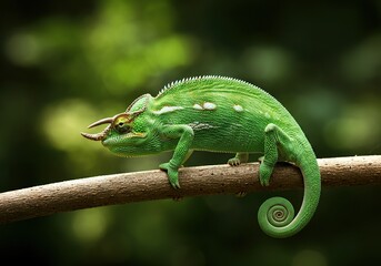 Obraz premium A close-up of a green chameleon gracefully perched on a thin tree branch