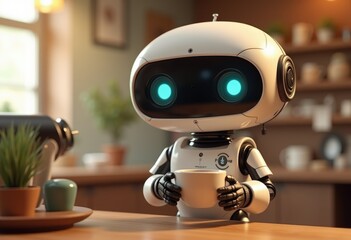 A white robot with blue eyes holds a white cup in a kitchen setting.
