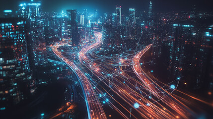 Fototapeta premium Smart digital Innovation city with connection network reciprocity over the cityscape. of future smart wireless digital city and social media networking systems that connects people with in city