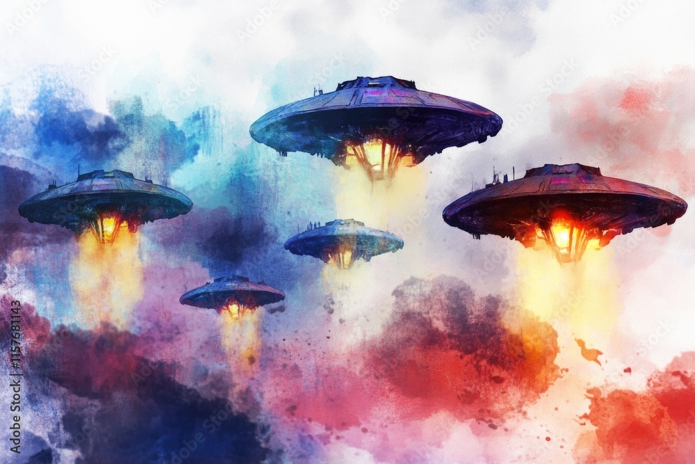 Aufkleber Aerial view of multiple flying saucer crafts hovering above a clear blue sky, with some appearing to be landing or taking off