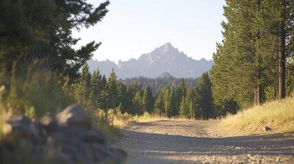 Scenic Mountain Pathway Through Lush Pine Forest Under Clear Sky