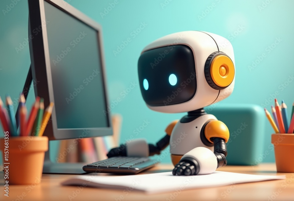 Poster A white and yellow robot sits at a desk using a computer.