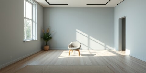 Sunlit Empty Room with Modern Chair and Natural Decor