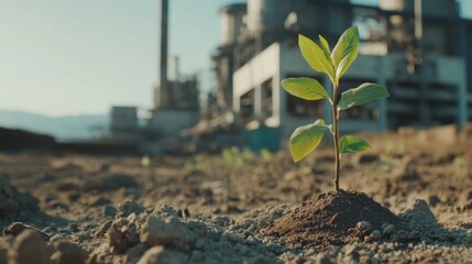 Young Plant Growing in Industrial Landscape Highlighting Nature and Progress