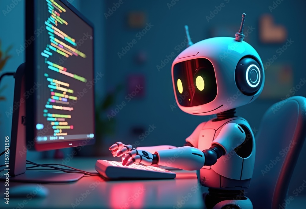 Poster A white robot is coding on a computer with colorful code.