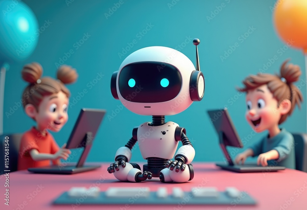Aufkleber A cartoon robot sits at a table with two children  each using a laptop.