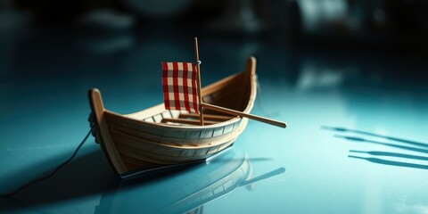 Obraz premium A miniature wooden boat with a striped sail, oars, and rope, reflecting on a smooth teal surface.