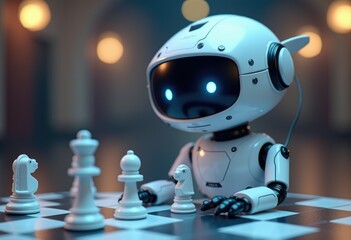 Fototapeta premium A white robot plays chess on a checkered board.