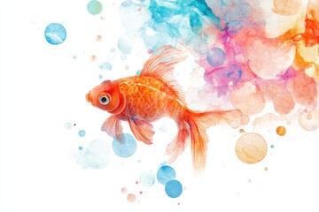 Goldfish swimming in a tank surrounded by colorful bubbles, great for illustrating aquatic themes or water-related concepts