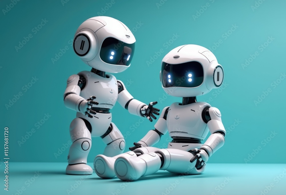 Poster two white robots one standing and one sitting on a blue background.