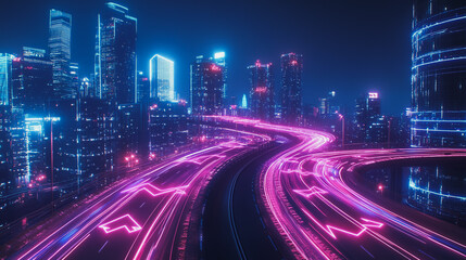 Fototapeta premium Smart digital Innovation city with connection network reciprocity over the cityscape. of future smart wireless digital city and social media networking systems that connects people with in city