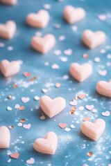 Obraz premium A collection of tiny pink hearts scattered on a bright blue background