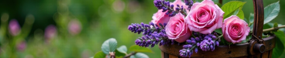 Fototapeta premium Fresh lavender and roses in a rustic wooden basket, with lush greenery and natural textures , country, basket, lavender