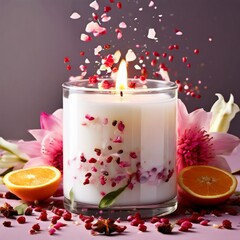 Serene candlelight surrounded by colorful petals, fresh lemon, and spices. Evokes a sense of calm, ideal for wellness, lifestyle, and home decor imagery.