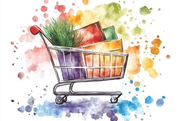 A colorful illustration of a shopping cart overflowing with books, ideal for uses such as education and literature
