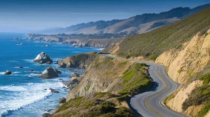 Scenic Coastal Highway with Waves Crashing Against Rocky Shoreline
