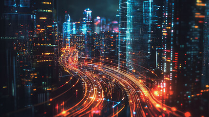 Obraz premium Smart digital Innovation city with connection network reciprocity over the cityscape. of future smart wireless digital city and social media networking systems that connects people with in city