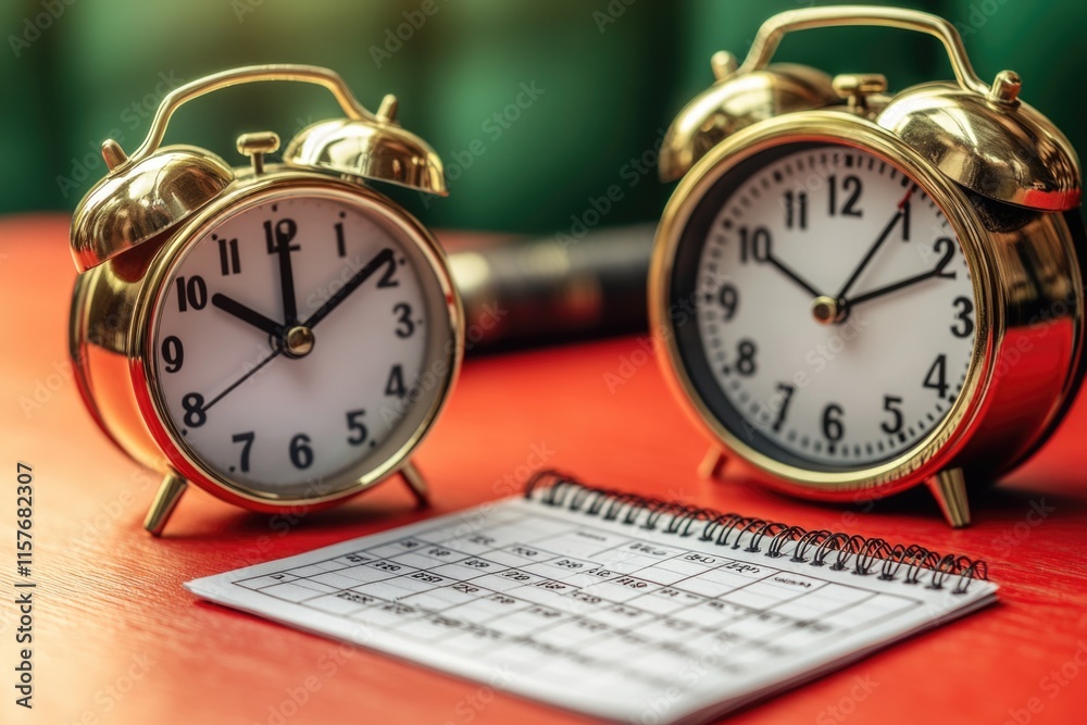 Aufkleber A pair of alarm clocks sits next to a notebook on a table, ready for use