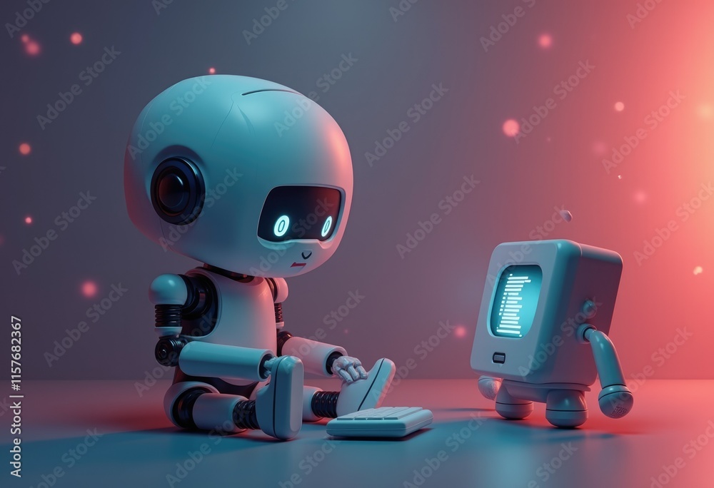 Poster A cute robot sits on the floor and uses a keyboard in front of a retro computer.