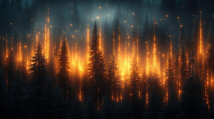 Ethereal Forest Landscape with Glowing Lights and Mystical Atmosphere at Dusk, Capturing the Enchantment of Nature in a Dreamlike Setting