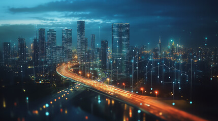 Fototapeta premium Smart digital Innovation city with connection network reciprocity over the cityscape. of future smart wireless digital city and social media networking systems that connects people with in city