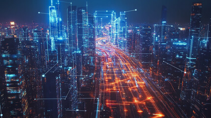 Fototapeta premium Smart digital Innovation city with connection network reciprocity over the cityscape. of future smart wireless digital city and social media networking systems that connects people with in city