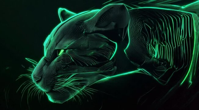 Green cat with glowing eyes is the main focus of the image. The cat's eyes are bright and seem to be staring at the viewer, creating a sense of mystery and intrigue. Scene is one of curiosity