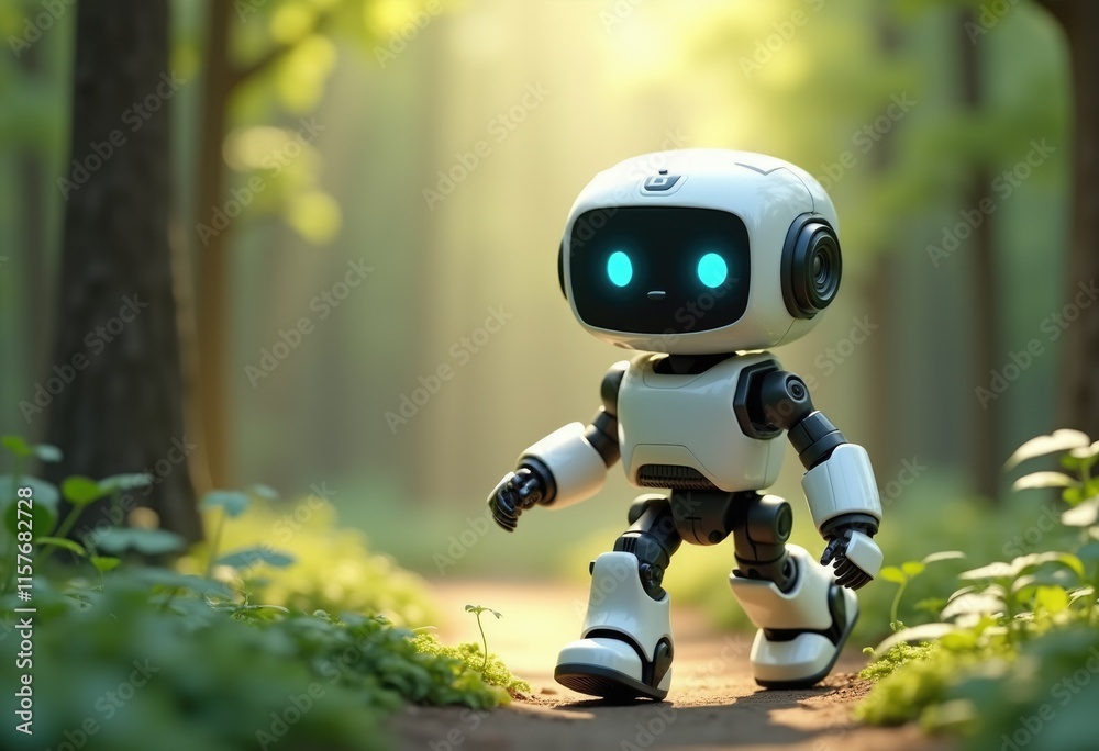 Poster a cute white robot walks on a path in a forest.