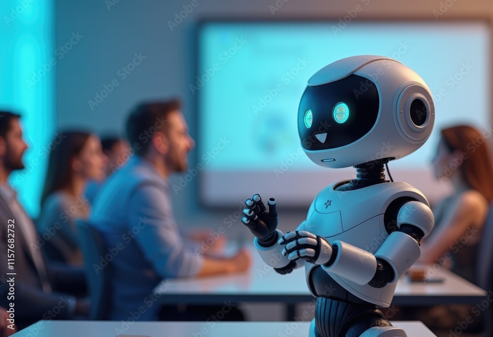 Poster a humanoid robot addresses a group of people in a presentation.