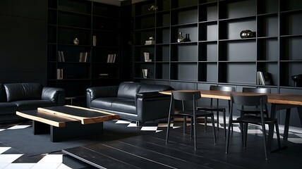 Luxury black interior design living room with modern minimalist Italian-style furniture