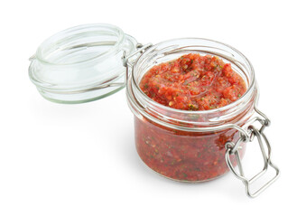 Delicious homemade red salsa in jar isolated on white