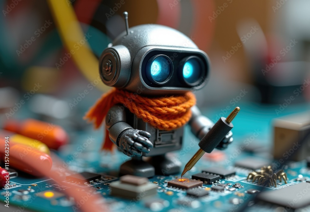 Poster a small robot wearing an orange scarf works on a circuit board.
