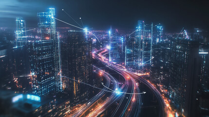Fototapeta premium Smart digital Innovation city with connection network reciprocity over the cityscape. of future smart wireless digital city and social media networking systems that connects people with in city