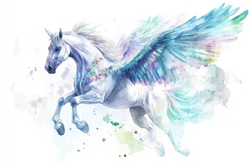 Obraz premium A beautiful watercolor illustration of a white horse with majestic blue wings