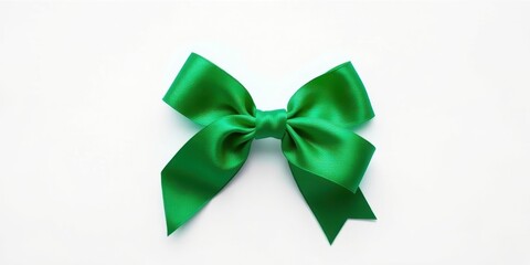 A vibrant emerald green satin ribbon bow, tied perfectly, isolated on a pristine white background