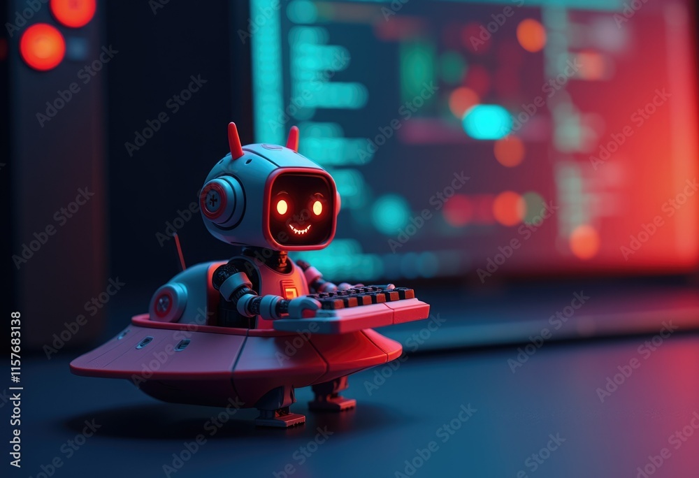 Poster A cute robot with red eyes and a friendly smile   coding on a computer in a futuristic setting