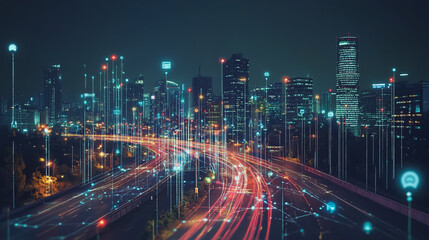 Smart digital Innovation city with connection network reciprocity over the cityscape. of future smart wireless digital city and social media networking systems that connects people with in city