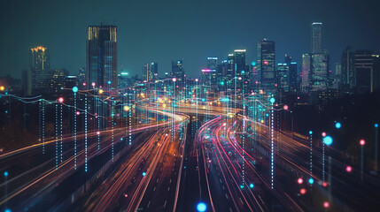 Fototapeta premium Smart digital Innovation city with connection network reciprocity over the cityscape. of future smart wireless digital city and social media networking systems that connects people with in city
