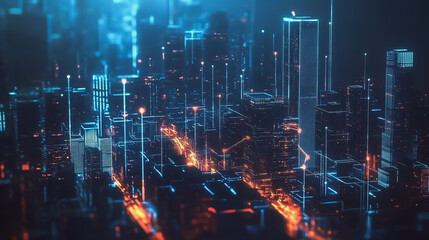 Smart digital Innovation city with connection network reciprocity over the cityscape. of future smart wireless digital city and social media networking systems that connects people with in city