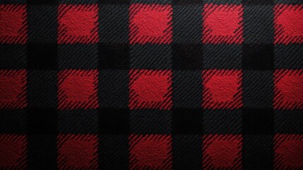 Close-up view of red and black buffalo plaid fabric pattern, showcasing alternating red and black squares with a textured look, commonly used in clothing for a classic and rustic aesthetic.