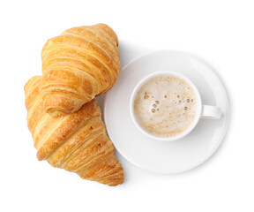 Tasty fresh croissants and cup of coffee isolated on white, top view. Puff pastry