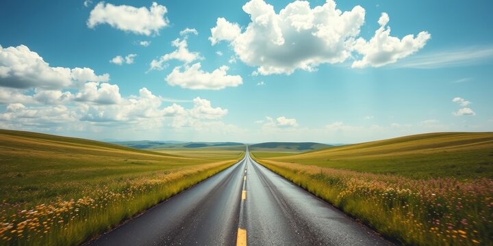 A long, straight asphalt road disappears into the horizon, flanked by vibrant wildflowers and rolling green hills under a bright, sunny sky.