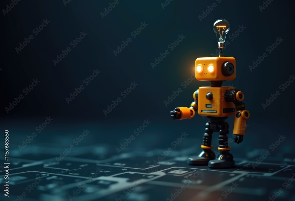 Poster a small yellow robot with a light bulb on its head standing on a dark blue surface