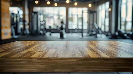 Fototapeta premium Wooden table in a blurred gym interior with exercise equipment in the background