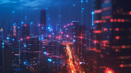 Obraz premium Smart digital Innovation city with connection network reciprocity over the cityscape. of future smart wireless digital city and social media networking systems that connects people with in city