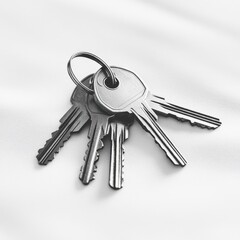 A close-up of a set of silver keys on a keyring against a soft, white background.