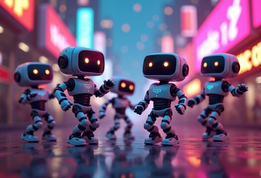 Four white robots with glowing eyes dance in a neon lit city street.