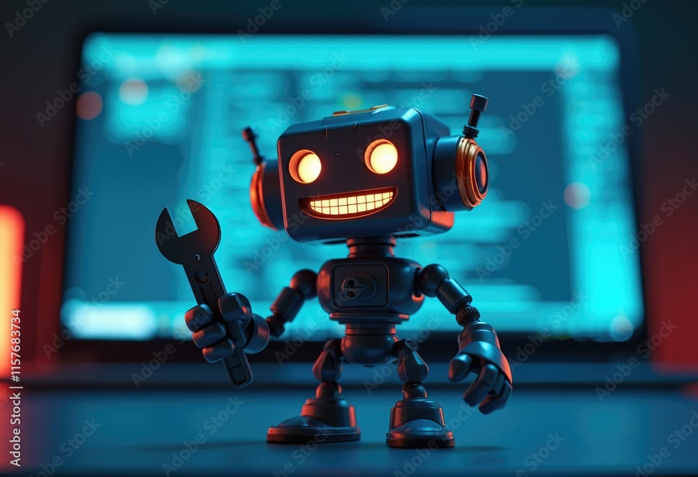 Poster A friendly robot holding a wrench in front of a laptop  ready to fix any problem.