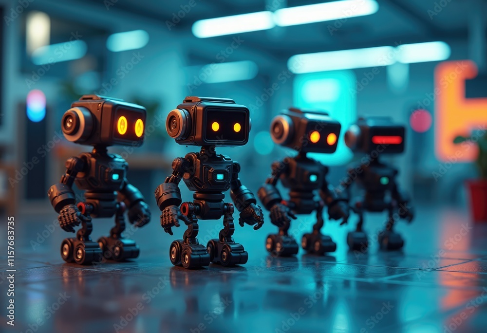 Poster Four robots with glowing eyes stand in a futuristic setting.