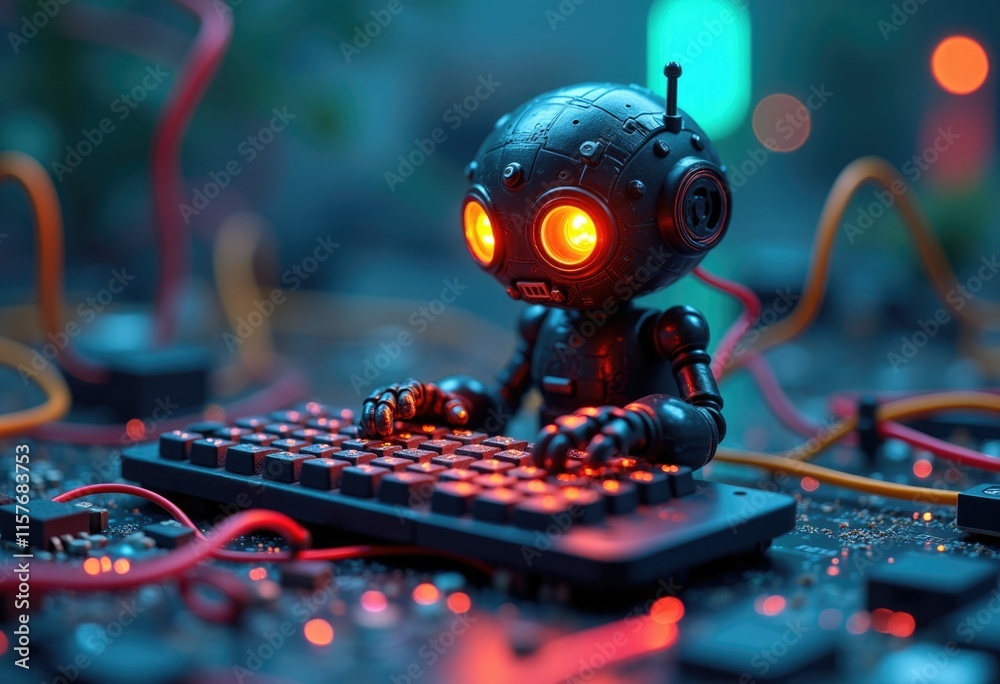 Aufkleber A small robot with glowing red eyes types on a keyboard.